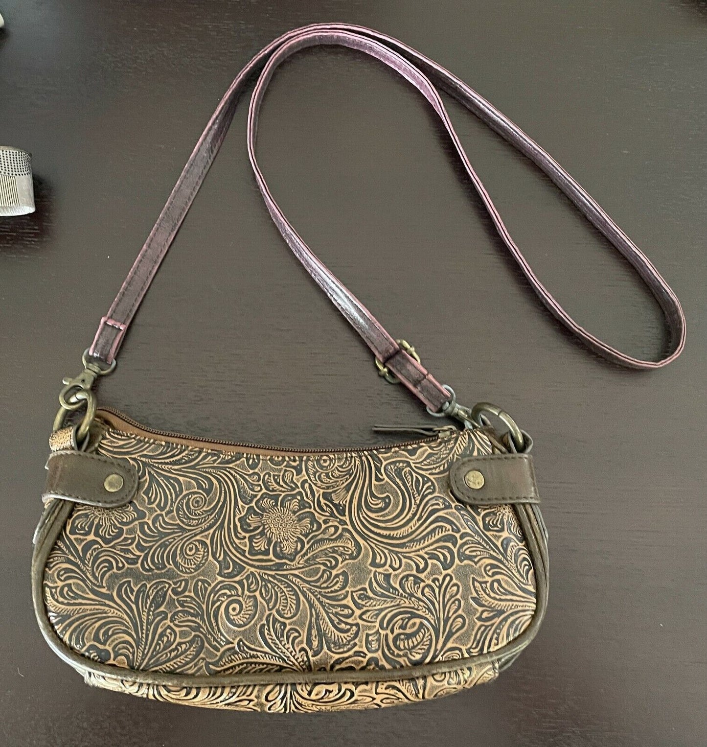 LEVIS Shoulder Bag Brown Tan Pleather Floral Etched Embossed Cross Body LEVI"S