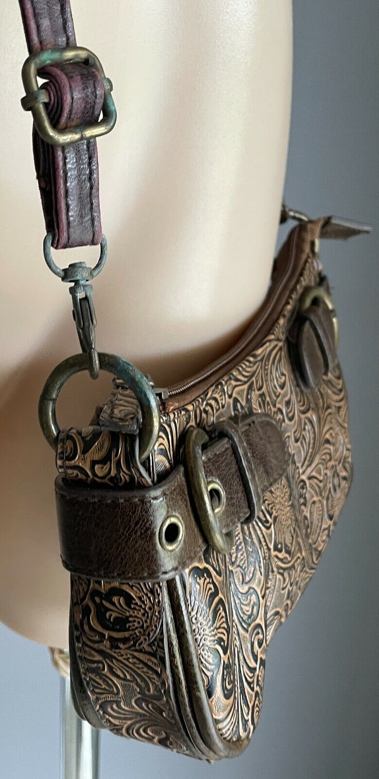 LEVIS Shoulder Bag Brown Tan Pleather Floral Etched Embossed Cross Body LEVI"S