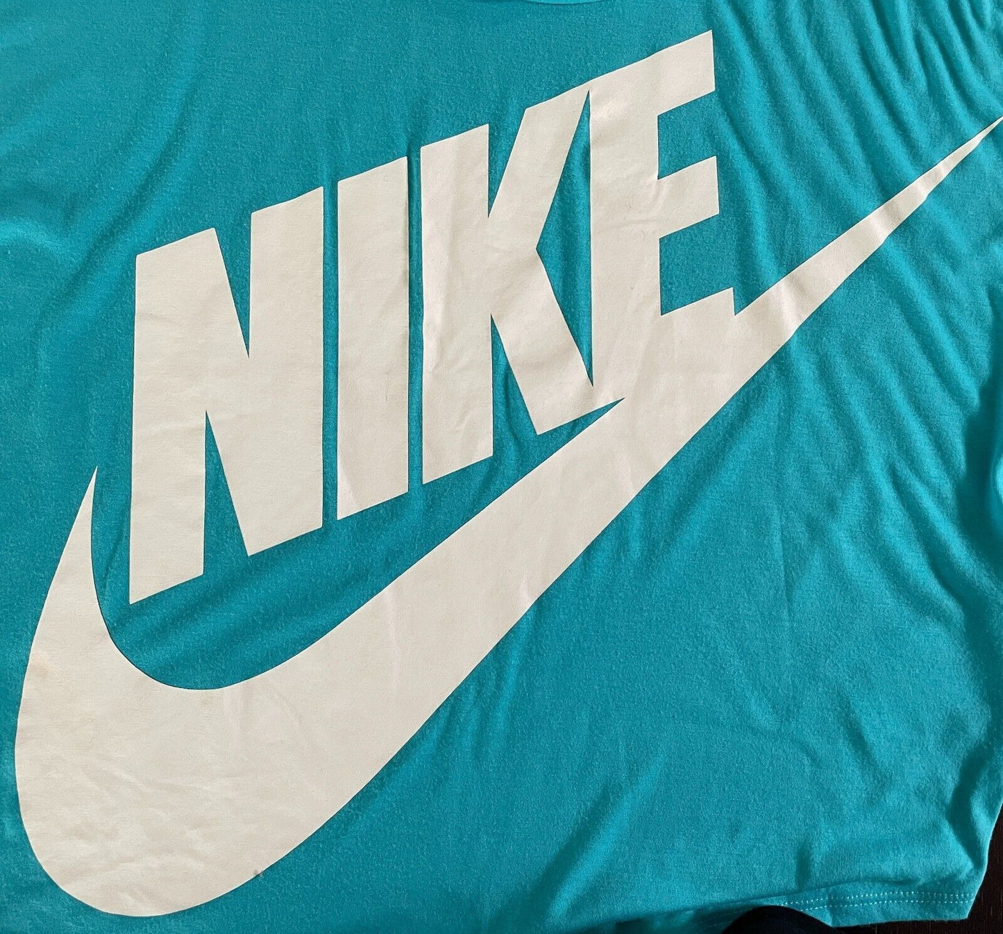 NIKE Blue & White Swoosh Logo T-Shirt Ladies Size XL Round Hem Extended Sleeves