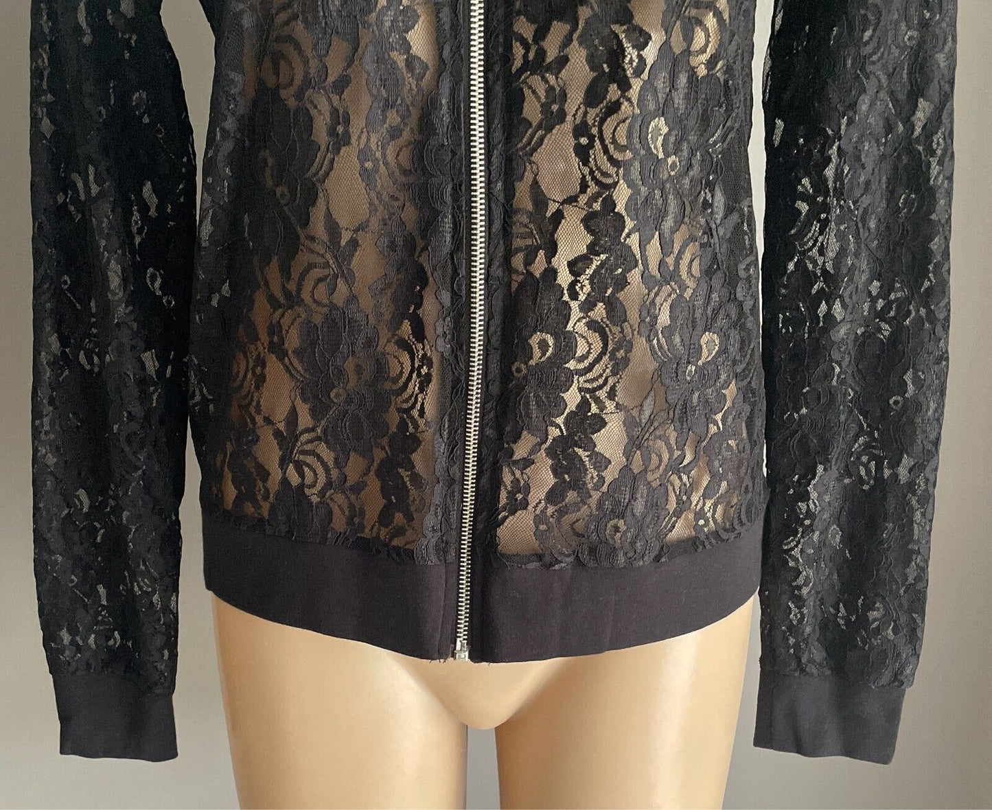ATMOSPHERE Jacket Black Floral Lace Zip Front Bomber Style Size 10 Long Sleeves