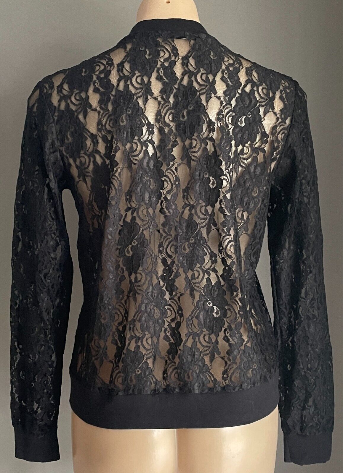 ATMOSPHERE Jacket Black Floral Lace Zip Front Bomber Style Size 10 Long Sleeves