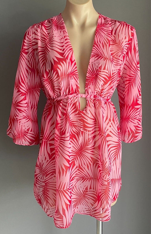 ATMOSPHERE BEACH Cover Up/Kimono Size 14 Pink/Red Palm Print Tie Back Semi Sheer