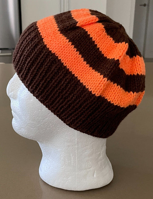 Beanie Hat Handmade Brown & Orange Stripe Chunky Knit Cap One Size Unisex