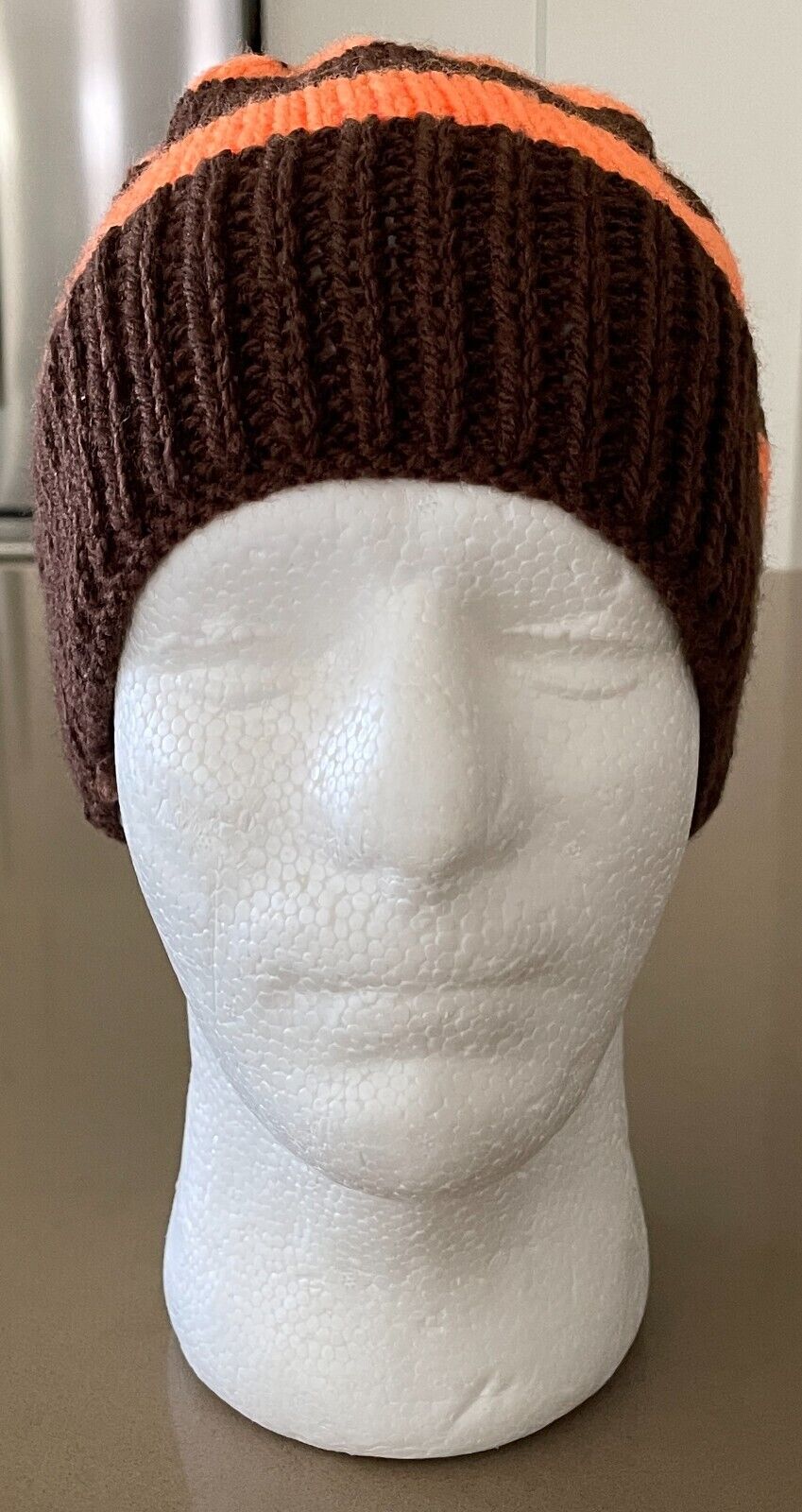 Beanie Hat Handmade Brown & Orange Stripe Chunky Knit Cap One Size Unisex