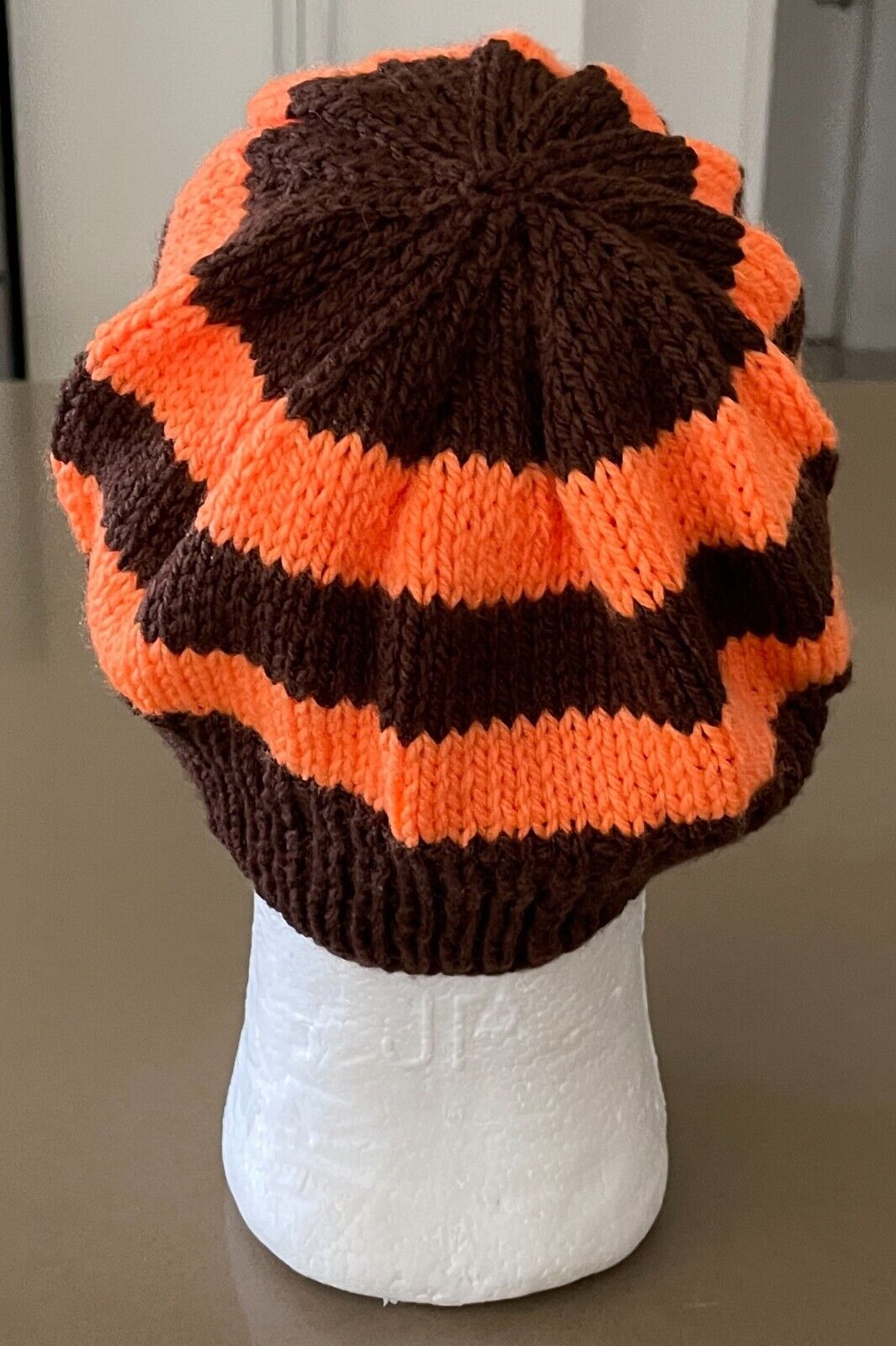 Beanie Hat Handmade Brown & Orange Stripe Chunky Knit Cap One Size Unisex