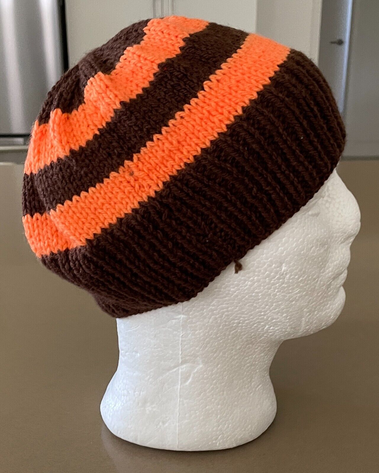 Beanie Hat Handmade Brown & Orange Stripe Chunky Knit Cap One Size Unisex