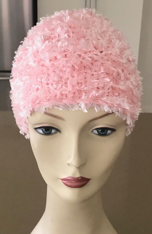 Chunky Fluffy Knit Beanie Hat Handmade Light Pink Chunky Fluffy Knit Size S