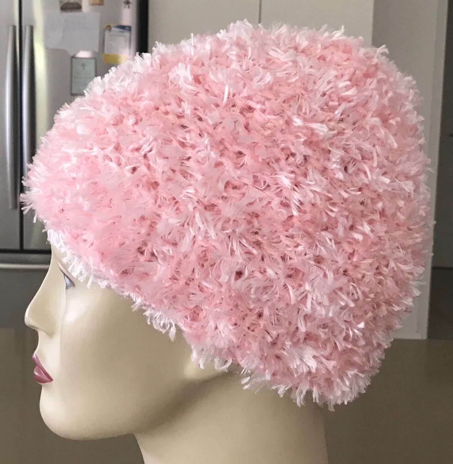 Chunky Fluffy Knit Beanie Hat Handmade Light Pink Chunky Fluffy Knit Size S