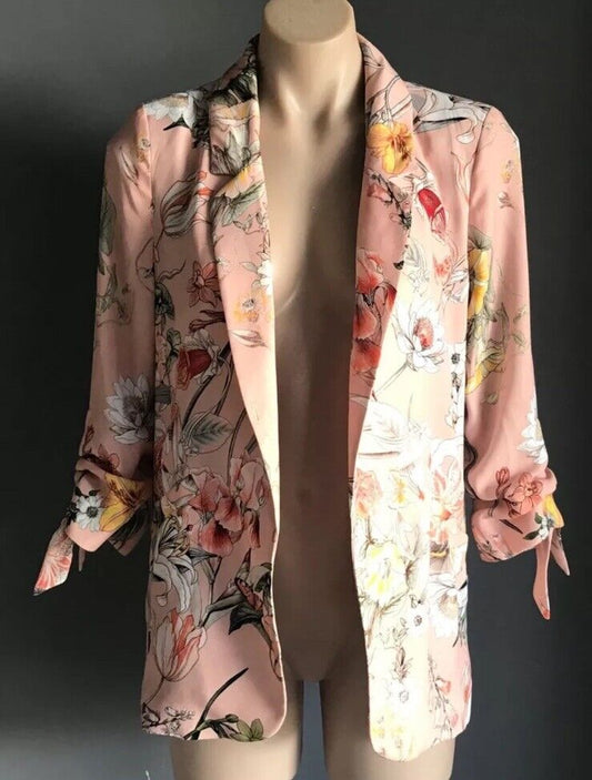 RIVER ISLAND Jacket Floral Blush Pink Ruched Tie Sleeve Blazer Ladies Size 8 10