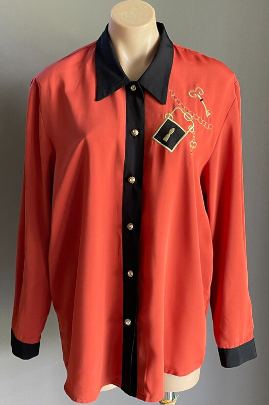 ARC SYDNEY Top Burnt Orange & Black Trim Long Sleeve Blouse Size 14 Vintage 90's