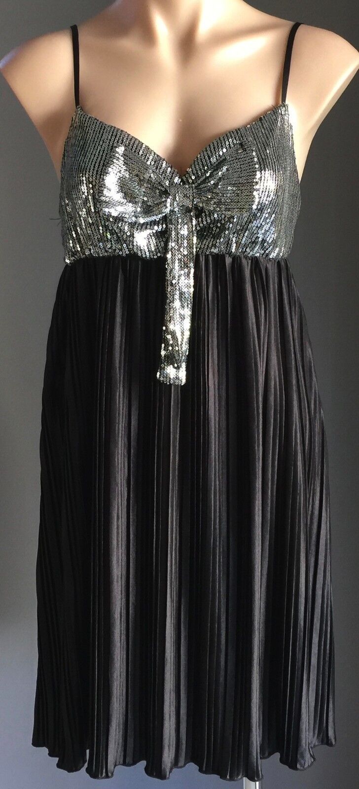 AVOCADO Dress Pleated Baby Doll Silver Sequin & Black Size 12 NEW