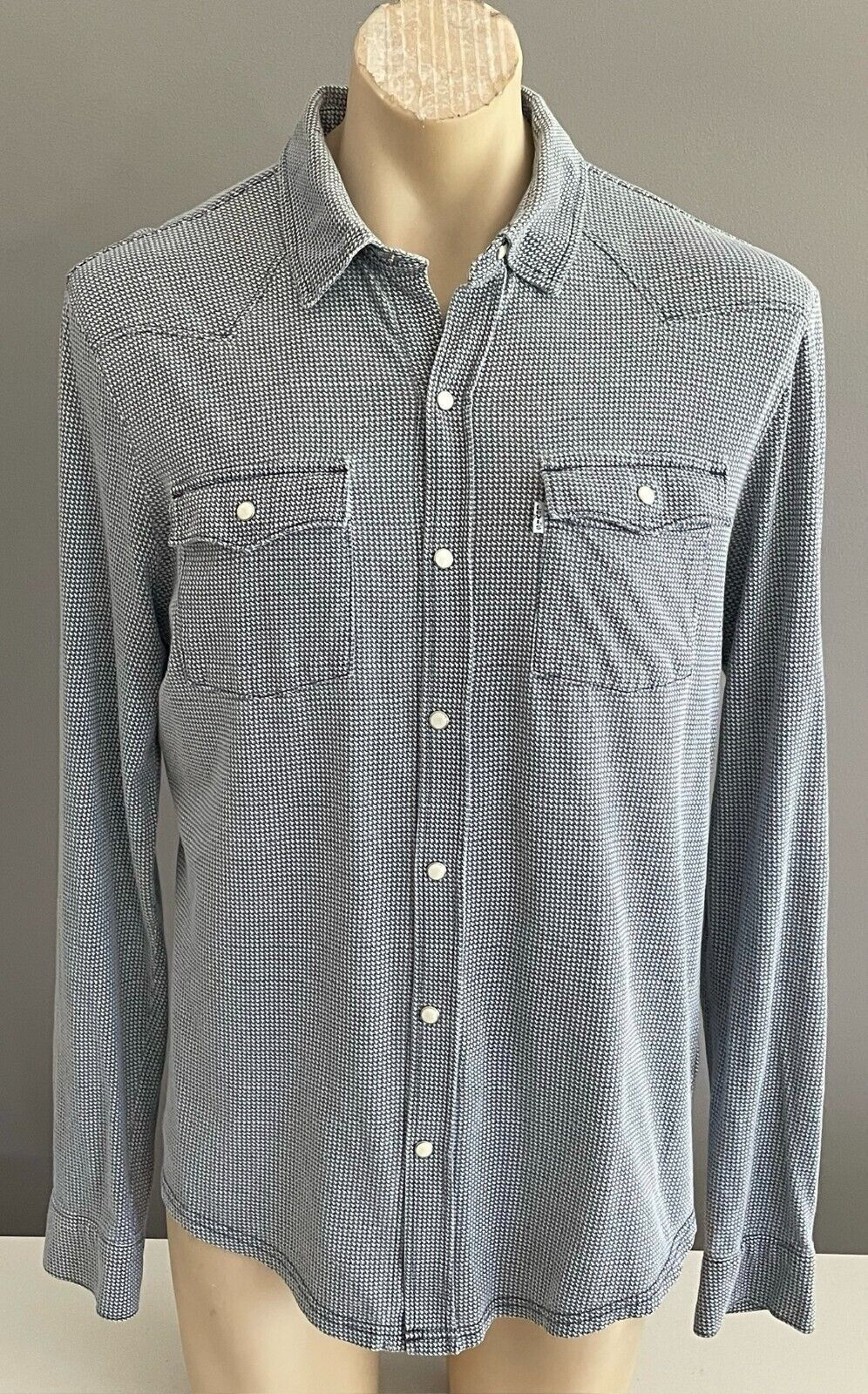 LEVI'S Shirt Navy & White Houndstooth Long Sleeve Button Up Mens Size L LEVIS