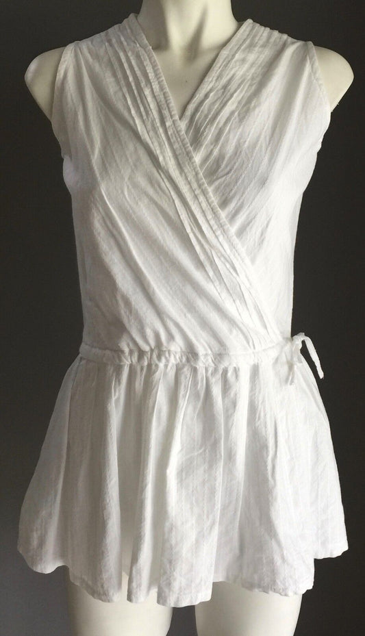 DE LOURVE Top White Sleeveless Cross Over Drawstring Waist Blouse Ladies Size 12