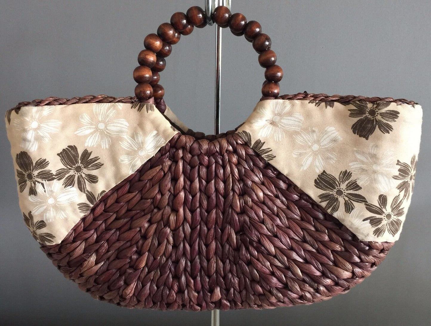 JENDI Bag Brown Woven & Beige Print Canvas Tote Shopper Swagger Handbag Retro