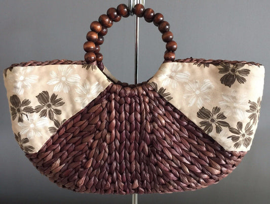 JENDI Bag Brown Woven & Beige Print Canvas Tote Shopper Swagger Handbag Retro
