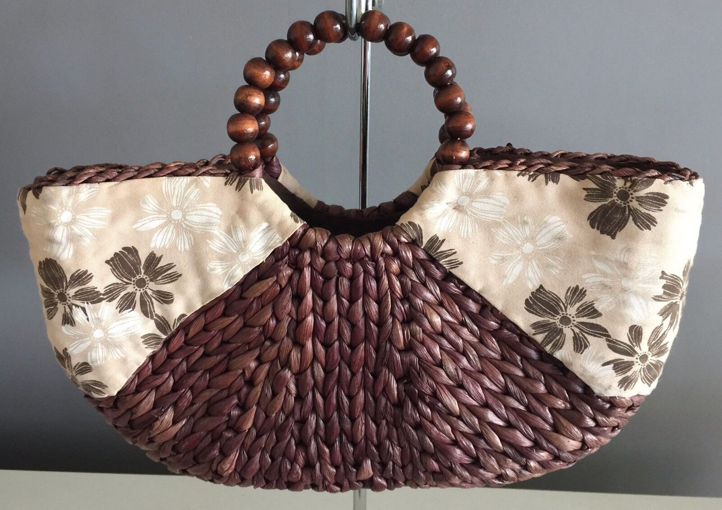 JENDI Bag Brown Woven & Beige Print Canvas Tote Shopper Swagger Handbag Retro