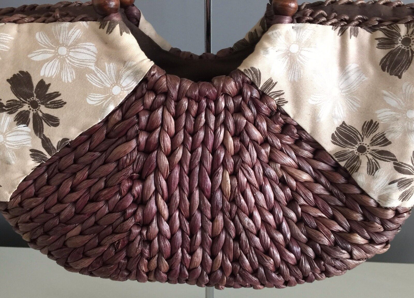 JENDI Bag Brown Woven & Beige Print Canvas Tote Shopper Swagger Handbag Retro