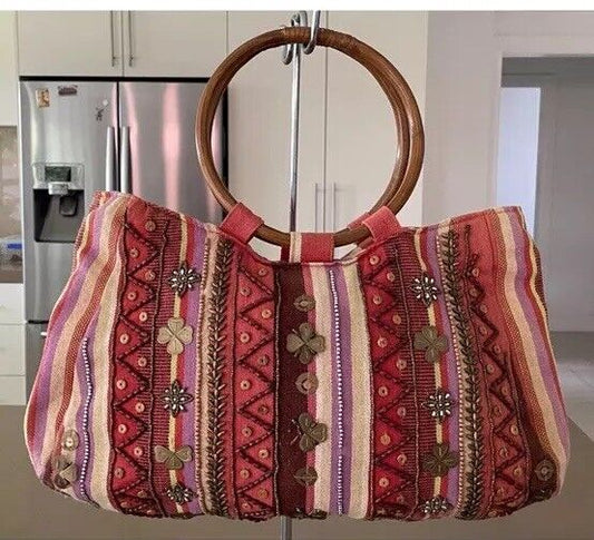 JENDI Tote Bag Multicolour Stripe Fabric Bead Embellished Shopper w Cane Handles