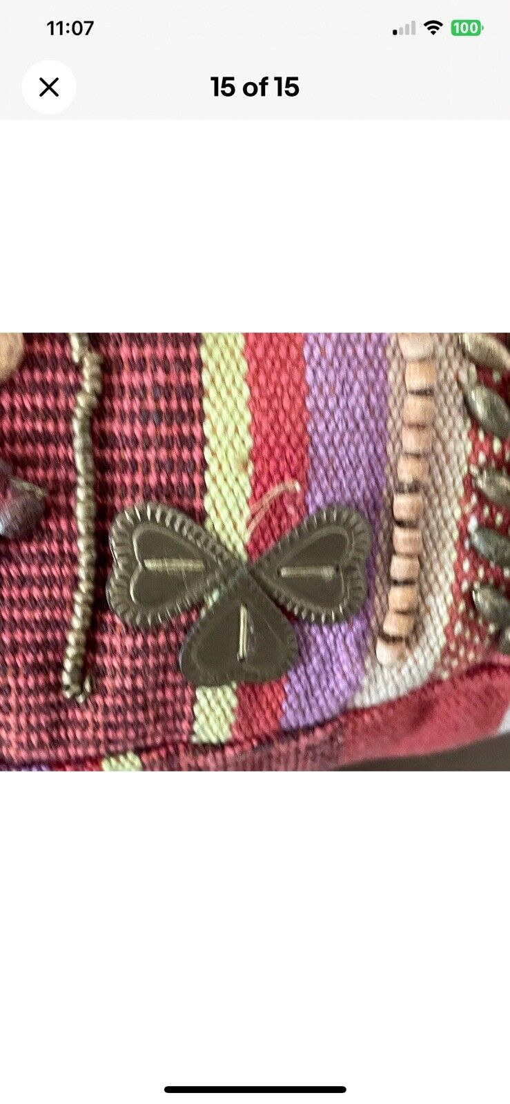 JENDI Tote Bag Multicolour Stripe Fabric Bead Embellished Shopper w Cane Handles