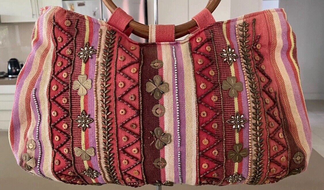 JENDI Tote Bag Multicolour Stripe Fabric Bead Embellished Shopper w Cane Handles