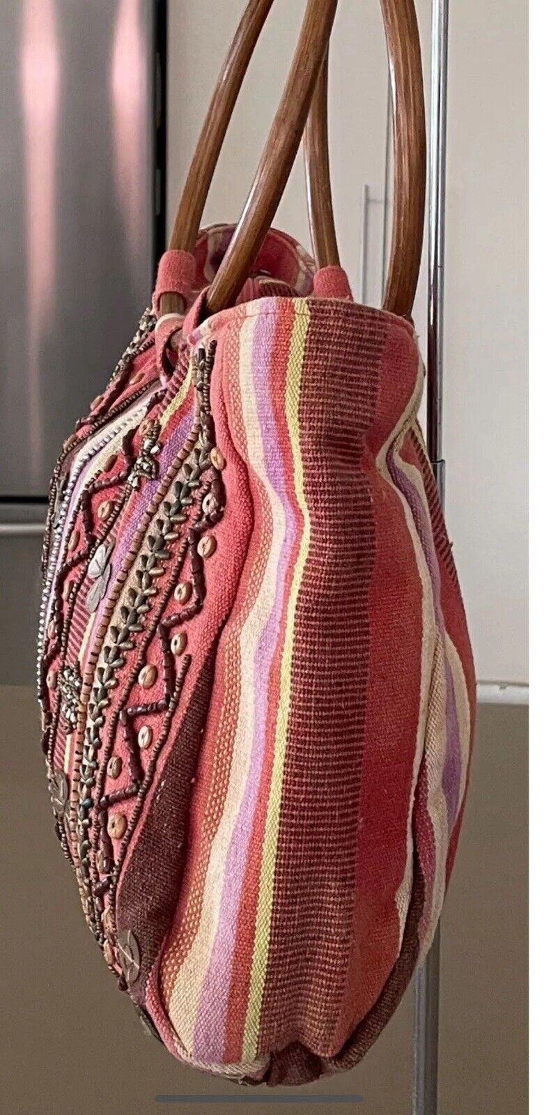 JENDI Tote Bag Multicolour Stripe Fabric Bead Embellished Shopper w Cane Handles