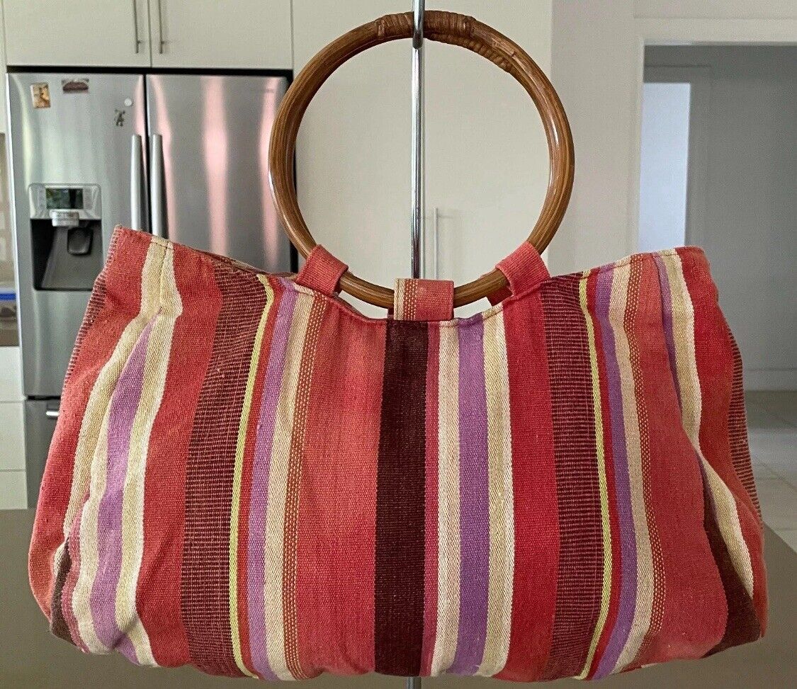 JENDI Tote Bag Multicolour Stripe Fabric Bead Embellished Shopper w Cane Handles