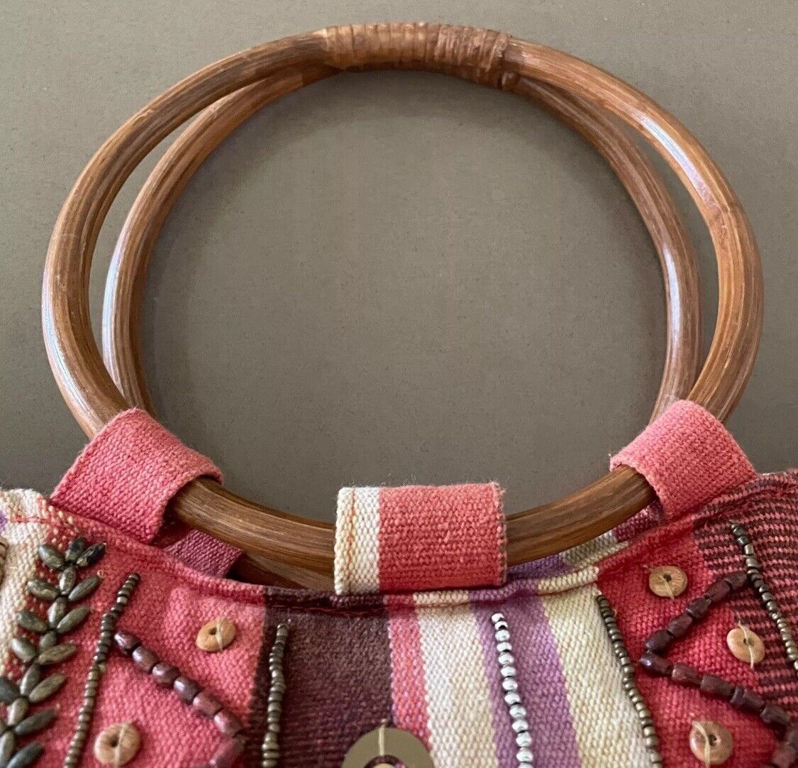 JENDI Tote Bag Multicolour Stripe Fabric Bead Embellished Shopper w Cane Handles