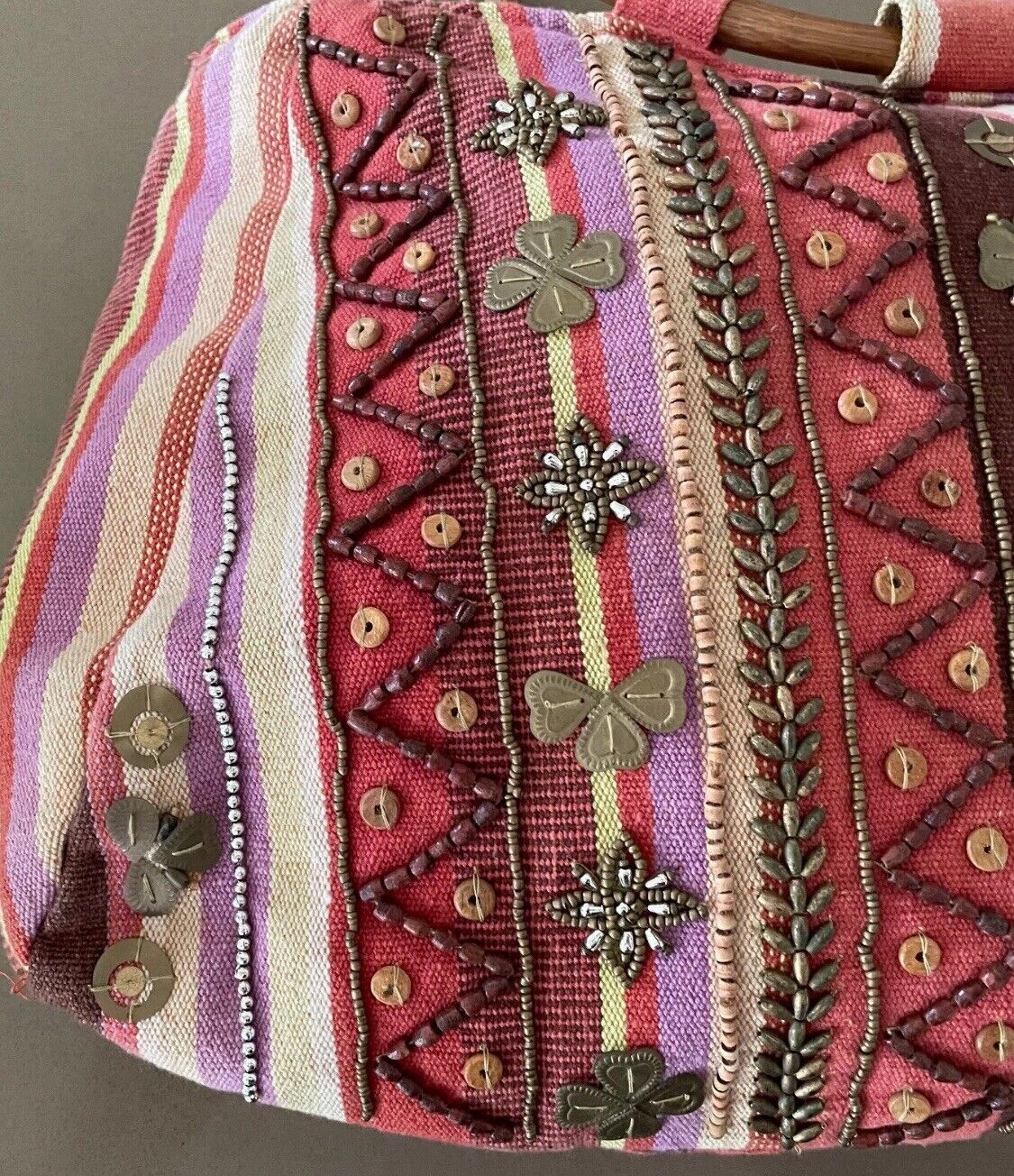 JENDI Tote Bag Multicolour Stripe Fabric Bead Embellished Shopper w Cane Handles