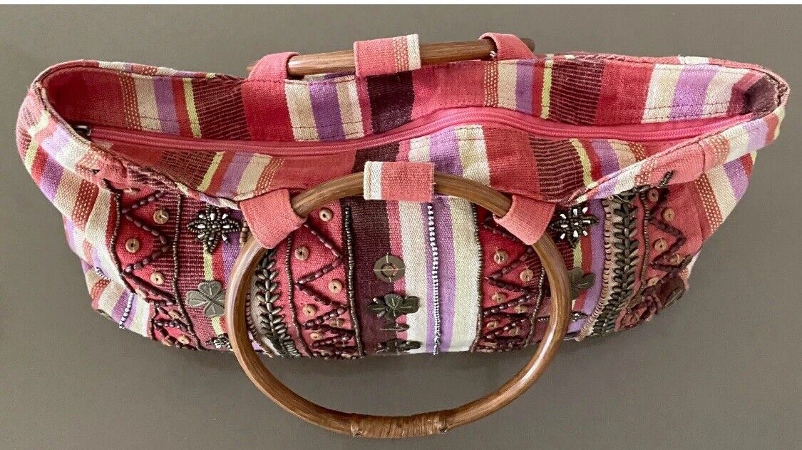JENDI Tote Bag Multicolour Stripe Fabric Bead Embellished Shopper w Cane Handles