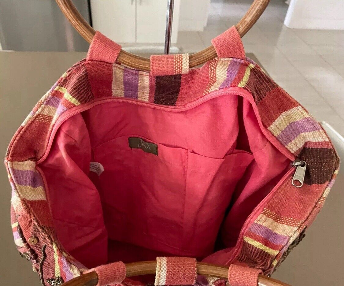 JENDI Tote Bag Multicolour Stripe Fabric Bead Embellished Shopper w Cane Handles