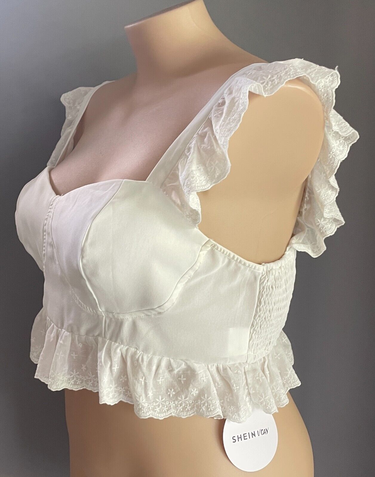 SHEIN VCAY White Crop Top Embroidery Ruffle Trim Sleeveless Size 3XL 22 NEW