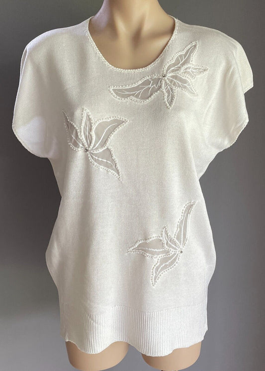KNIT TOP Semi Sheer Floral Motifs Pearls Diamante 12 1980s Vintage Off White