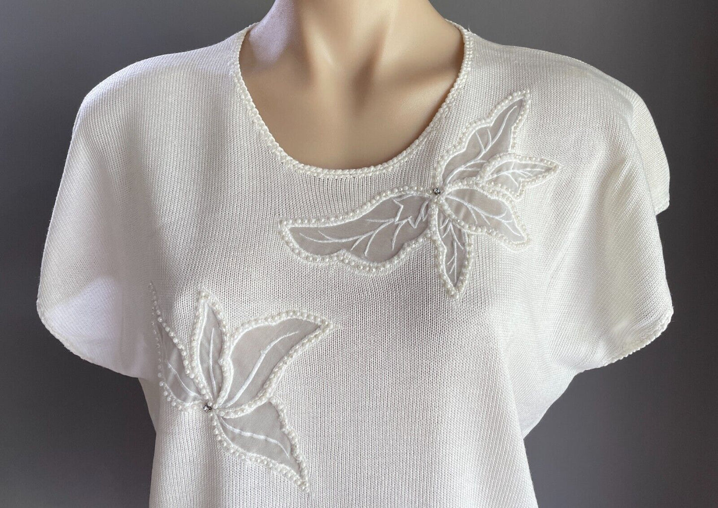 KNIT TOP Semi Sheer Floral Motifs Pearls Diamante 12 1980s Vintage Off White