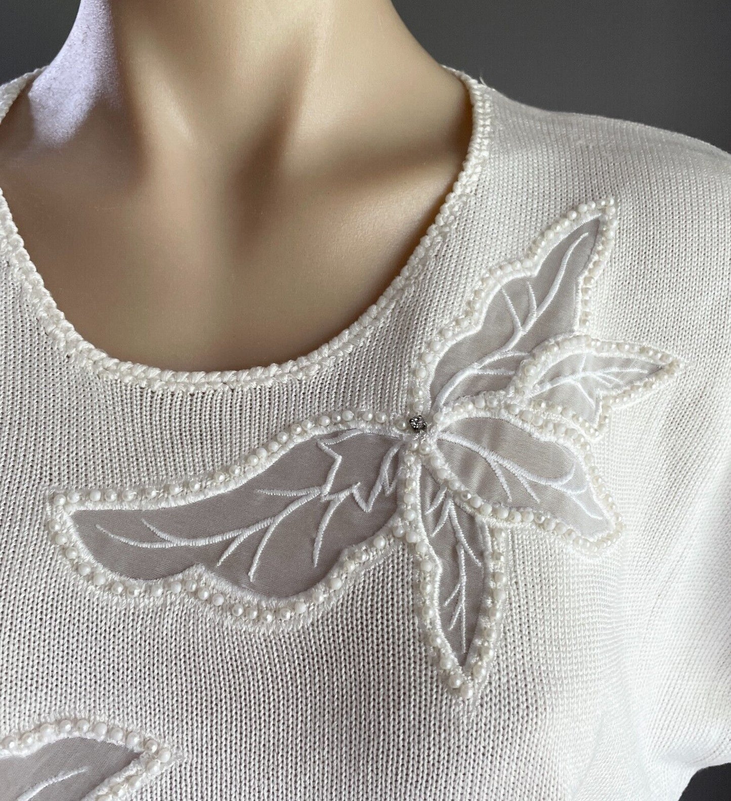 KNIT TOP Semi Sheer Floral Motifs Pearls Diamante 12 1980s Vintage Off White