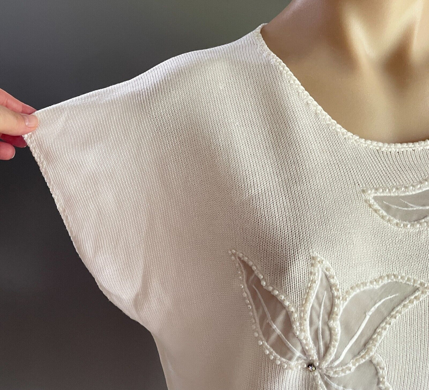 KNIT TOP Semi Sheer Floral Motifs Pearls Diamante 12 1980s Vintage Off White
