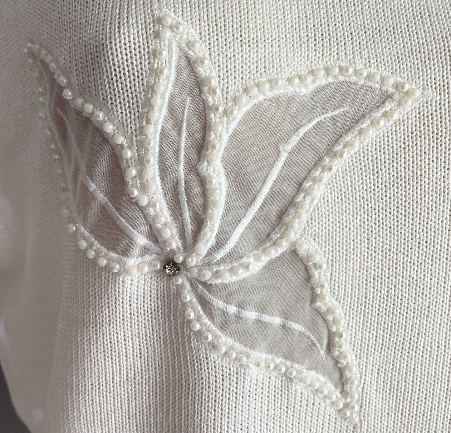 KNIT TOP Semi Sheer Floral Motifs Pearls Diamante 12 1980s Vintage Off White
