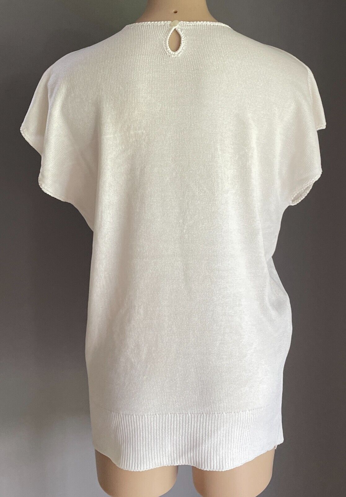 KNIT TOP Semi Sheer Floral Motifs Pearls Diamante 12 1980s Vintage Off White