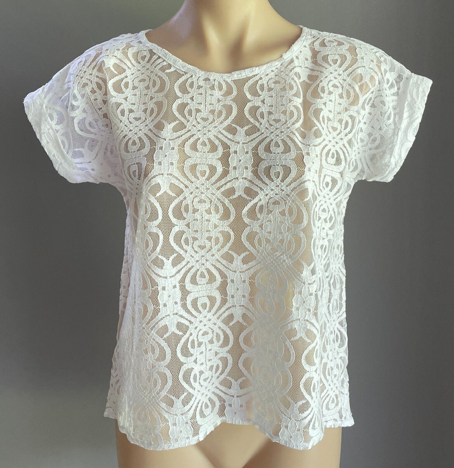 LE TOKO White Lace Top Semi Sheer Cuffed Short Sleeve Hi Lo Size 10 12 Boho