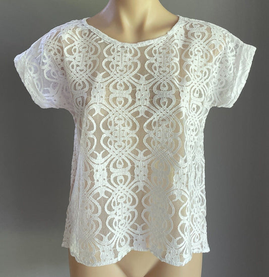 LE TOKO White Lace Top Semi Sheer Cuffed Short Sleeve Hi Lo Size 10 12 Boho