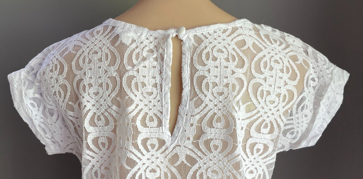 LE TOKO White Lace Top Semi Sheer Cuffed Short Sleeve Hi Lo Size 10 12 Boho