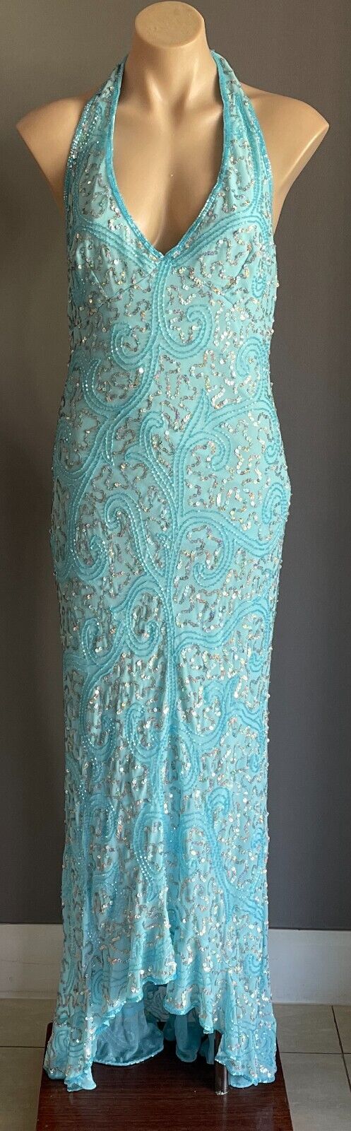 ANGELINE Dress Blue Sequin & Beaded Halter Neck Mermaid Gown Ladies Size 12 NEW