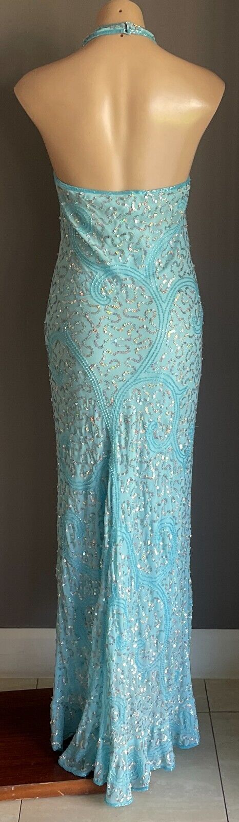 ANGELINE Dress Blue Sequin & Beaded Halter Neck Mermaid Gown Ladies Size 12 NEW