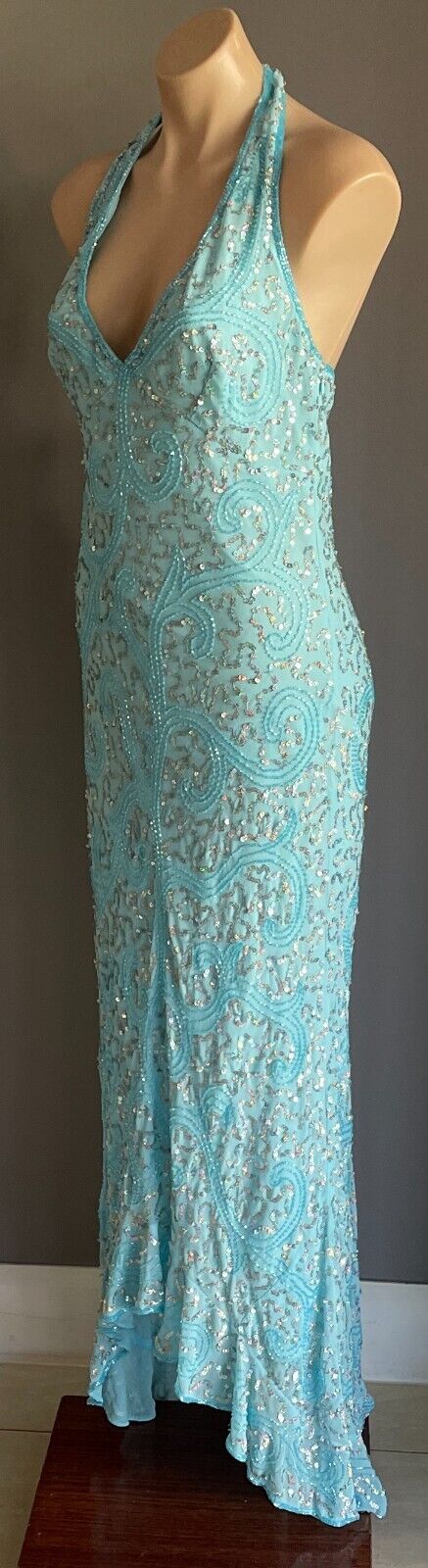 ANGELINE Dress Blue Sequin & Beaded Halter Neck Mermaid Gown Ladies Size 12 NEW
