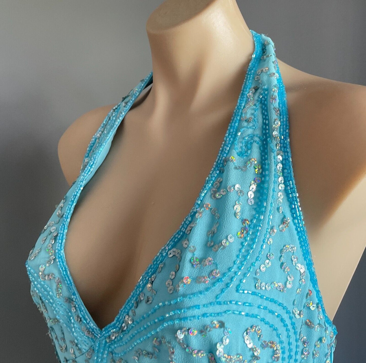 ANGELINE Dress Blue Sequin & Beaded Halter Neck Mermaid Gown Ladies Size 12 NEW
