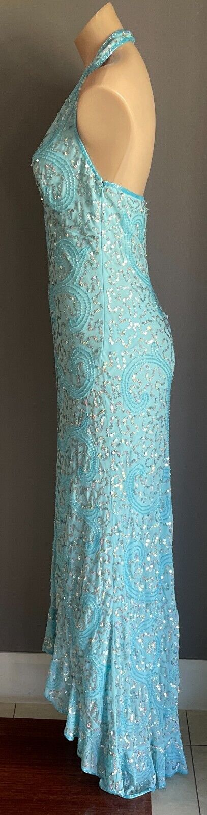 ANGELINE Dress Blue Sequin & Beaded Halter Neck Mermaid Gown Ladies Size 12 NEW