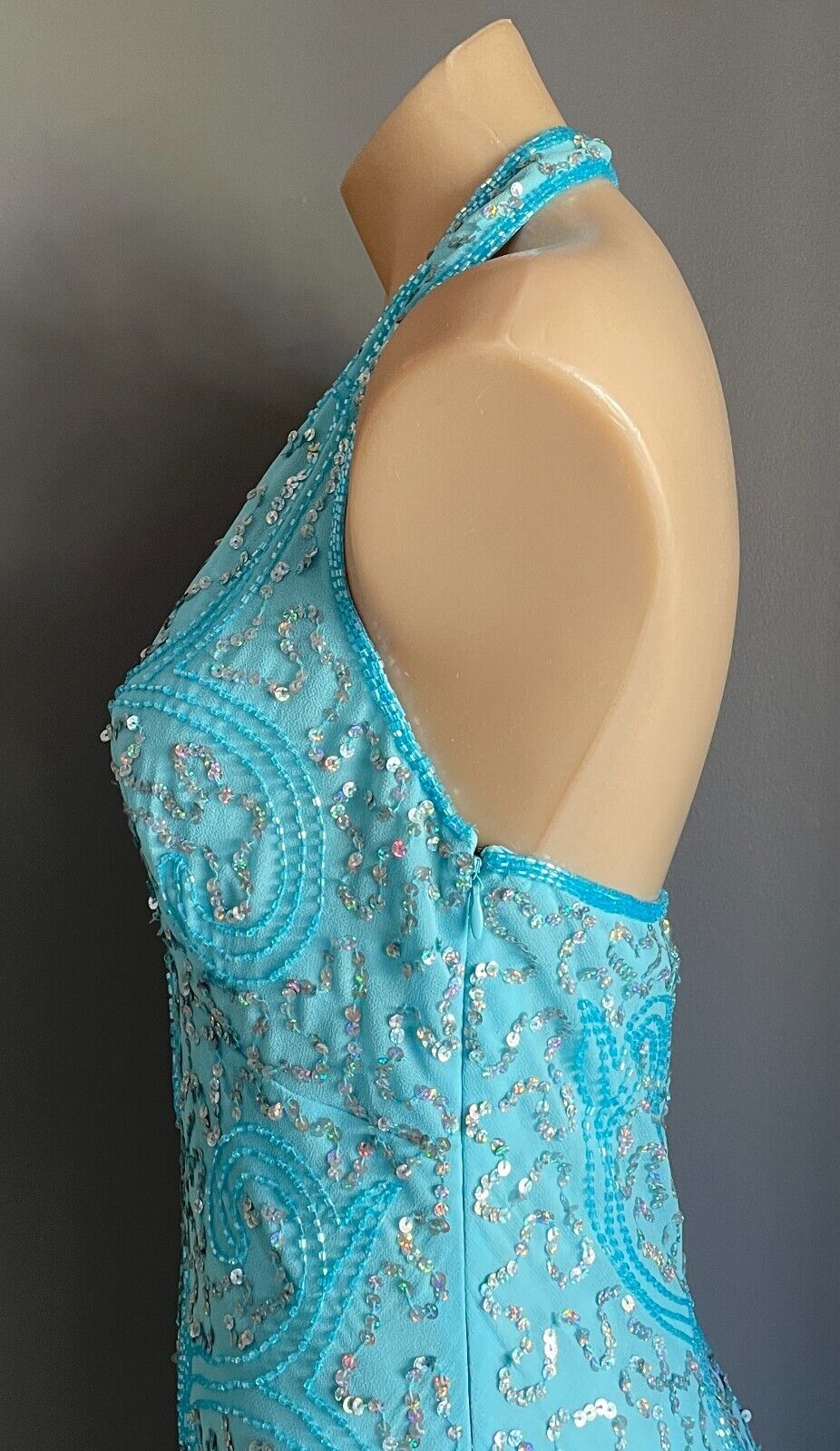 ANGELINE Dress Blue Sequin & Beaded Halter Neck Mermaid Gown Ladies Size 12 NEW