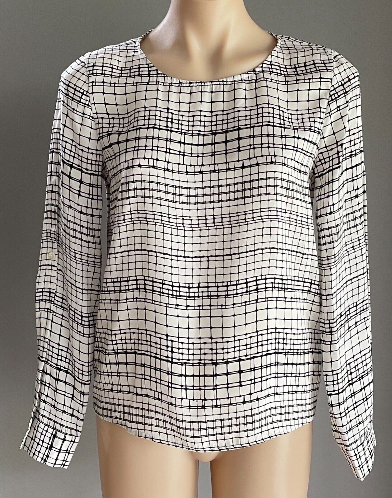 ARMANI EXCHANGE Top Blouse White & Black Check Print Long Split Sleeve Size S 10