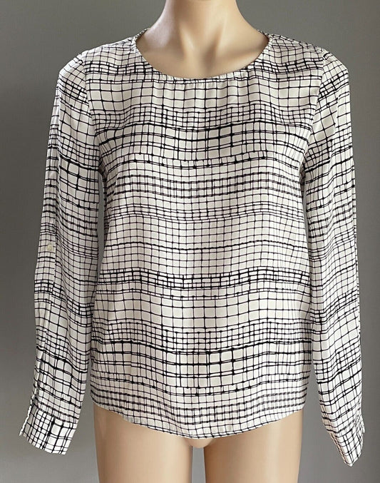 ARMANI EXCHANGE Top Blouse White & Black Check Print Long Split Sleeve Size S 10