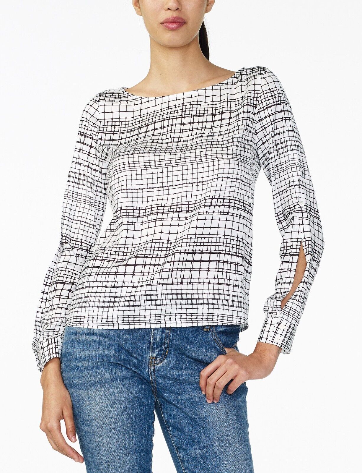 ARMANI EXCHANGE Top Blouse White & Black Check Print Long Split Sleeve Size S 10