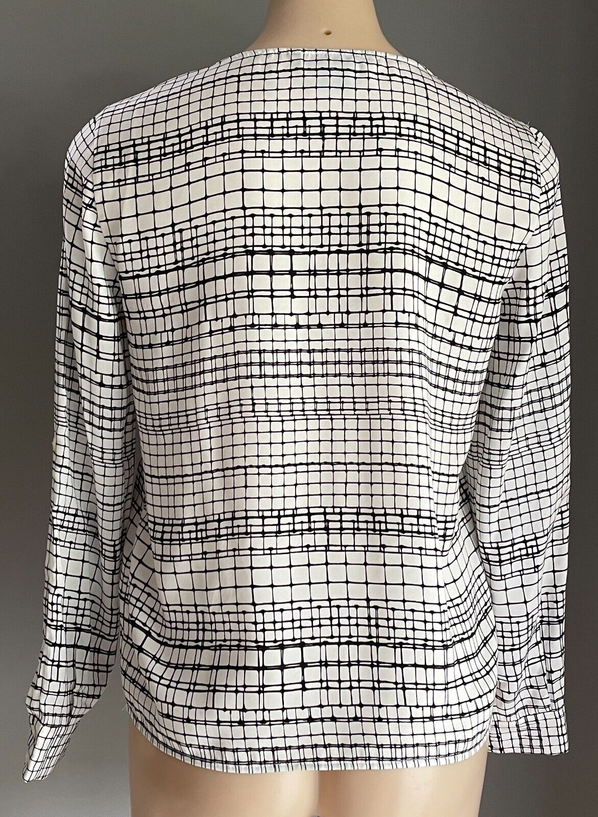 ARMANI EXCHANGE Top Blouse White & Black Check Print Long Split Sleeve Size S 10